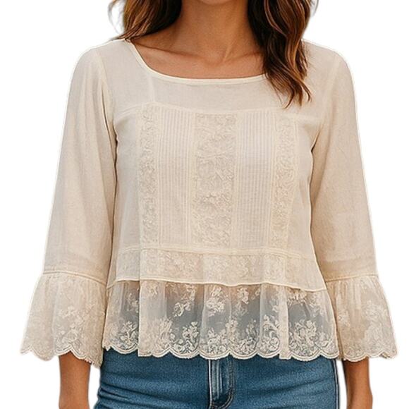 VTG April Cornell Boho Prairie Fairy Lace Bell Sleeve Blouse M Peasant Victorian - Picture 1 of 12